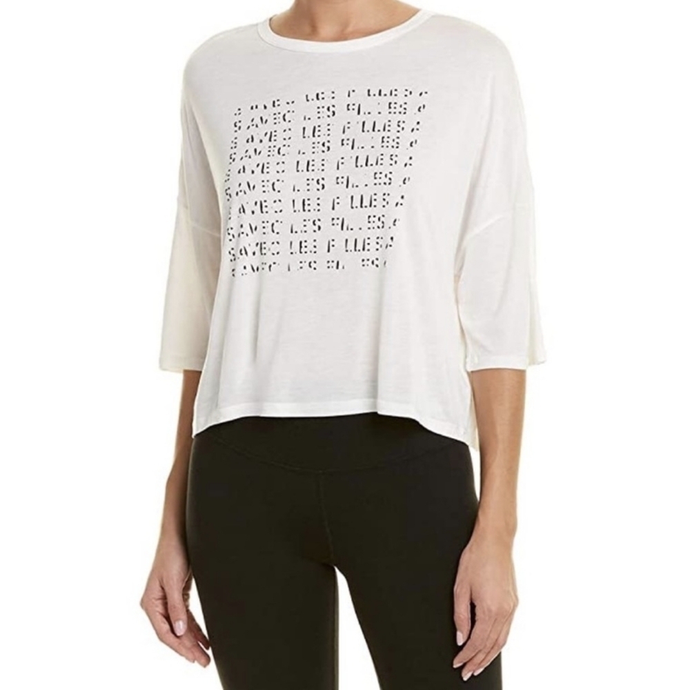 Avec Les Filles White Cropped Short-Sleeve Tee with Black Graphic